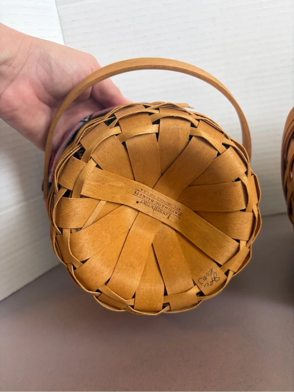 Longaberger Woven Basket Pair with Plaid Liner - Brown & Multicolor